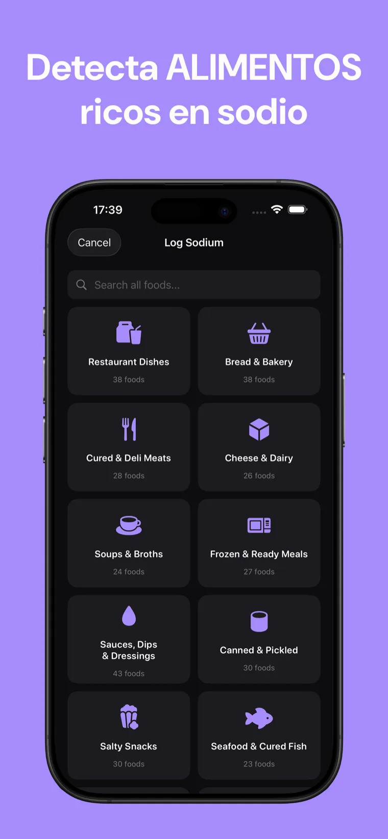 Detecta ALIMENTOS ricos en sodio — Lista de alimentos de Sodium Tracker mostrando el contenido de sodio por artículo