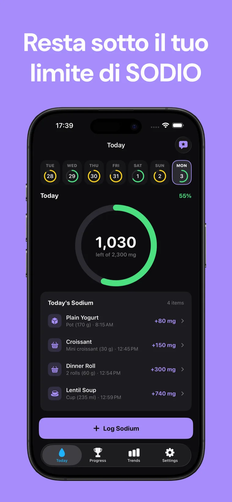 Resta sotto il tuo limite di SODIO — Sodium Tracker su iPhone che mostra l'anello di progresso del sodio giornaliero